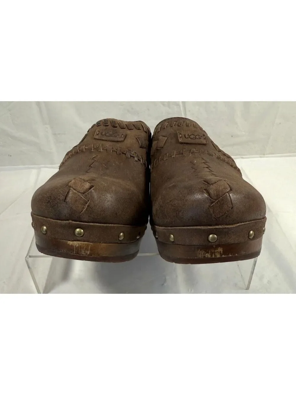 UGG Vivica 1957 Brown Leather Woven Studded Mule Clogs Y2K Size 6 shearling